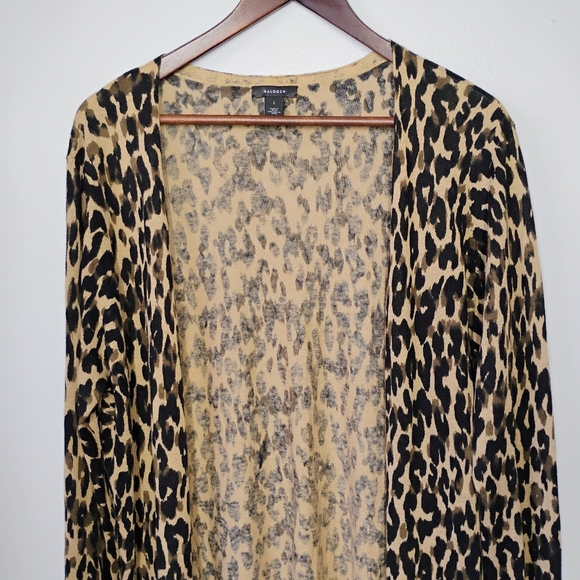 Halogen Linen Blend Leopard Print Long Line Open Front Cardigan Plus Size 1X - Picture 3 of 11
